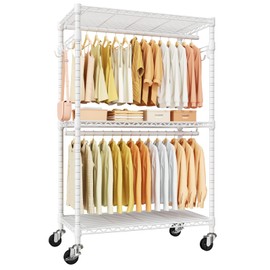 ULIFHOME P1 Rolling Clothes Rack Heavy Duty, Metal Closet Clothing Rack with Lockable Wheels, Portable Wardrobe Closet for Hanging Clothes, 35.5" W x 15.7" D x 80.5" H, Hold 500lbs, White