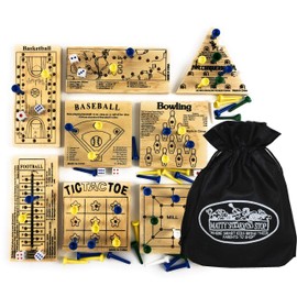 Matty's Toy Stop Deluxe Classic Peg Games Wood Puzzles (Baseball, Basketball, Bowling, Conqueror, Football, Golf, Mill & Tic Tac Toe) Gift Set Bundle with Bonus Storage Bag - 8 Pack