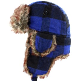 Faux Fur Safety Reflective Aviator Trapper Hat Snow Ski Trooper Winter Cap(S/M, 3. Plaid - Royal Blue)