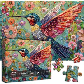 Hummingbird Puzzles for Adults 1000 Pieces, Nature Birds Flower Jewel Art Puzzle, Difficult Crystal Diamond Beautiful Garden Animals Jigsaw Puzzles, Colorful Floral Hard Challenging Puzzles for Adults