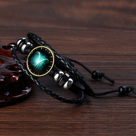 Feilok Elegant 12 Constellation Unisex Adjustable Bracelets Alloy Leather Beads Rope Bracelet Bangle Colour: Black and Blue, Stainless Steel