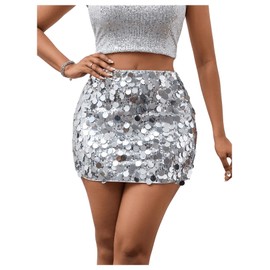 CIUBOUWENLING Minifalda de Fiesta con Lentejuelas, Cintura Alta, Ajustada, Negro y Plateado (MX/US, Alfa, X-Chico, Regular, Regular, Plata)