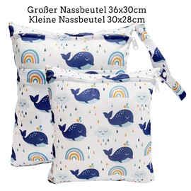 TRASUN Wetbag Nursery Wet Bag Nappy Bags Swimming Equipment Wet and Dry Changing Bag Pack of 2 Waterproof Washable Wet Bag Organiser for Toddler Nappies Travel Gym Beach Pool, Blue whale, Pack sack