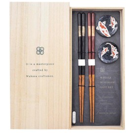 Kawai Nishiki Goi 029788 Yugetsu Chopsticks for Couples and Couples Chopsticks Rest Gift Set with Paulownia Box Dishwasher Safe Made in Japan