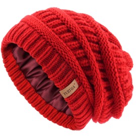 FURTALK Winter Beanie Hat for Women Satin Lined Cable Knit Chunky Slouchy Beanies Skull Warm Cap Red