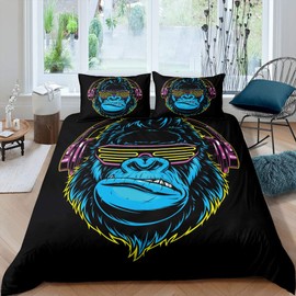 Feelyou 3D Gorilla Duvet Cover Set Headphone Gorilla Bedding Set for Kids Boys Girls Wild Animal Pattern Comforter Cover Watercolor Blue Design Quilt Cover Bedroom Collection 3Pcs Queen Size