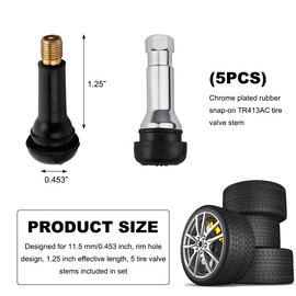 KVAEY 5 PCS TR413AC Tire Valve Stems, Chrome Rubber Tubeless Valve Stems Suit for 0.453 inch Rim Holes, Snap-in Tyre Metal Stems for Standard Vehicle Tires, Car Accessories (Black)