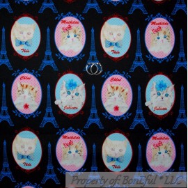 Timeless Treasures Fabric BonEful FABRIC FQ Cotton Quilt VTG Black Pink Blue Kitty CAT French Eiffel Tower