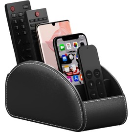 VOYUTHY Remote Control Holder for Table, All-in-One Faux Leather TV Remote Caddy/Storage Box/Supply Organize with 5 Compartments, Perfect Space Saver for End Table/Nightstand (Black, Large)