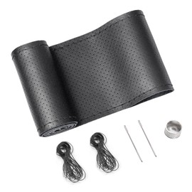 SEG Direct Genuine Leather Steering Wheel Cover, Stitch On Wrap, Breathable Cowhide Steering Wheel Wrap, Standard Size 15 Inch, for Car Truck SUV Pickup Boat, DIY Sewing with Needle Thread, Black