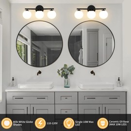 foucasal Black Globe Bathroom Light Fixtures 3-Light Vanity Light with Plastic Milk White Globe Shades 11.81 inch Wall Sconce Lighting Over Mirror, Vanity Lights for Bathroom Bedroom Hallway