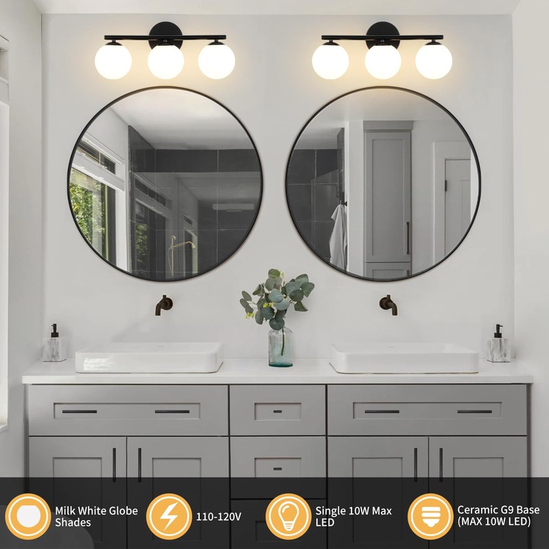 foucasal Black Globe Bathroom Light Fixtures 3-Light Vanity Light with