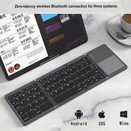 Guiheng Foldable Bluetooth Keyboard with Touchpad, Portable Wireless Keyboard Rechargeable Full Size Ultra Slim Pocket Folding Key Board for Android Windows iOS Tablet & Laptop-Grey