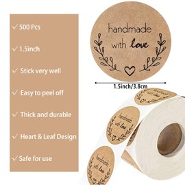 500 unidades hechas a mano con amor pegatinas de 1.5 pulgadas, calcomanías de papel kraft para hornear, etiquetas autoadhesivas en forma de corazón para hornear, sellos de sobre, etiquetas de amor