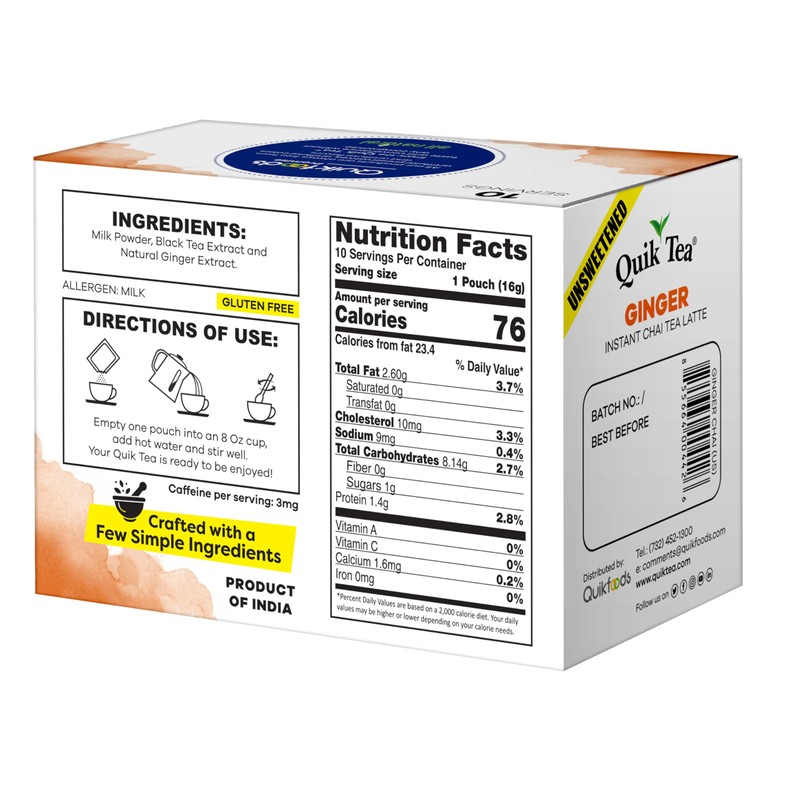 QuikTea Ginger Unsweetened Chai Tea Latte – 10 Count, Bold