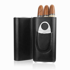 3-Finger Leather Cigar Case with Cutter Cedar Wood Lined Cigar Humidor Portable Travel Cigar Case