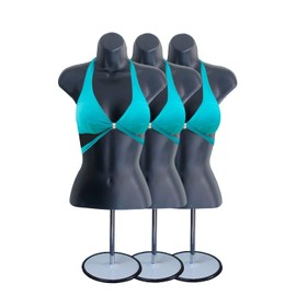 3 Pack Female Mannequin Torso with Stand Dress Form Tshirt Display Countertop Hollow Back Body S-M Clothing Sizes (Black)