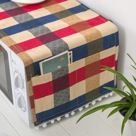 Linen Microwave Oven Dust Cover with Side Storage Bag Microwave Oven Cover Dust and Oil Proof Cloth Decoration Kitchen Utensil Cover 11.8"x35.4"- Red Blue Plaid