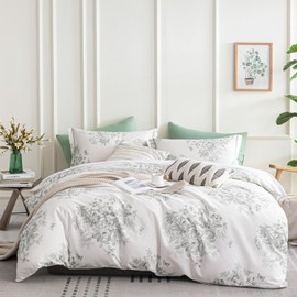 LEMIROE Vintage French Country 100% Cotton Duvet Cover King Size 3PC - Luxurious Dusty Green Floral Design on Creamy White, Neutral Elegant Bedding Set with Button Closure (King, 104"×90")