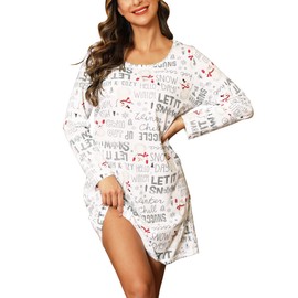 ENJOYNIGHT Women's Long-Sleeved Cotton Sleep Shirt, Print Sleepshirt, Sleepwear, Nightdress, Snow