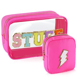 URSKYTOUS 2Pcs Preppy Clear Makeup Bag Large Small Travel Chenille Letter Cosmetic Bag Set Nylon PVC Cute Mini Makeup Pouch with Zipper for Women Waterproof Toiletry Storage Bag Organizer(Hot pink)