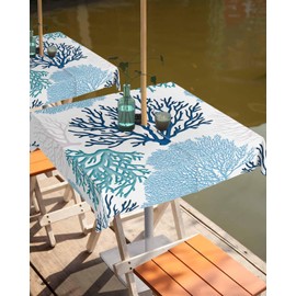 Coral Outdoor Table Cloth 54x54 Inch Rectangle Blue Green Coral Minimalist Art Tablecloth with Umbrella Hole and Zipper,Waterproof Wrinkle Free Patio Table Cloths for Spring, Party, Backyard, Picnic