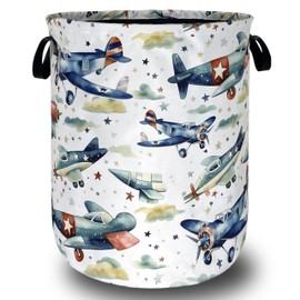 Watercolor Plane Laundry Basket Foldable Cartoon Laundry Hamper Oxford Cloth Plane Printed Colorful Tote Bag Clothes Toy Storage Bucket For Bathroom/Laundry Storage/Bedroom 18.9x16.5 Inch
