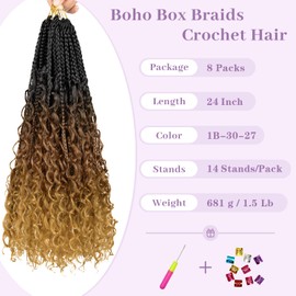 Goddess Box Braids Crochet Hair-24 Inch Boho Crochet Hair for Black Women 8PK Boho Crochet Braids with Curly Ends Pre Looped (1B/30/27)