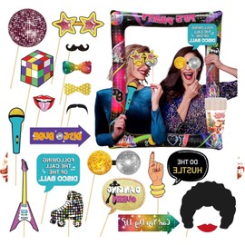 Retro Party Inflatable Selfie Frame Inflatable 70s Photo Booth Prop with 20Pcs 70s Photo Booth Props,Giant Inflatable Photo Frame Blow Up Party Prop Kit for 1970s Party,Hippie Disco Party Decorations