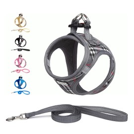 Suredoo Dog Harness and Lead Set, Step-in Breathable Reflective Puppy Cat Dog Vest Harnesses for Small Dogs (Grey Plaid, Chest: 25-28cm)