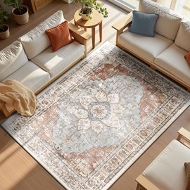 KoshiMe 6x9 Washable Area Rugs for Living Room Soft Non-Slip Floral Printed Rug, Home Decor Carpet for Bedroom Kitchen Room, Brick Red Rust Blue