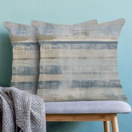 Boho Blue Grey Stripe Throw Pillow Covers 18x18 Inch Set of 2, Rustic Abstract Decorative Throw Pillow Covers Retro Stripe Linen Outdoor Cushion Cover for Sofa Couch Farmhouse Room Bed Decor