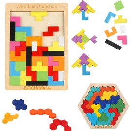 SHSHbuy Tetris Tangram Wooden Puzzle, 2 Pieces, Tangram Puzzle, Jigsaw Geometric Blocks, Wooden Puzzle Box, Brain Games for Children, Early Educational, Montessori Toy from 3 Years