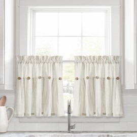 Lush Decor Linen Button Farmhouse Kitchen Tier Window Curtains, 29"L x 24"W, Off-White