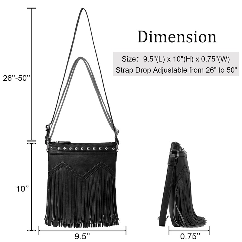 Sunwel Fashion Fringe Crossbody Bag with Rivets Western Purse Vegan