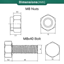 Drenky M8 Hex Bolt and Nuts Set, 10 Pieces Stainless Steel A2 V2A Screws Set M8 x 40 mm Screws Assortment with Self-Locking Nuts Set for Furniture, Cars, Bikes, Ships, 3D Printing