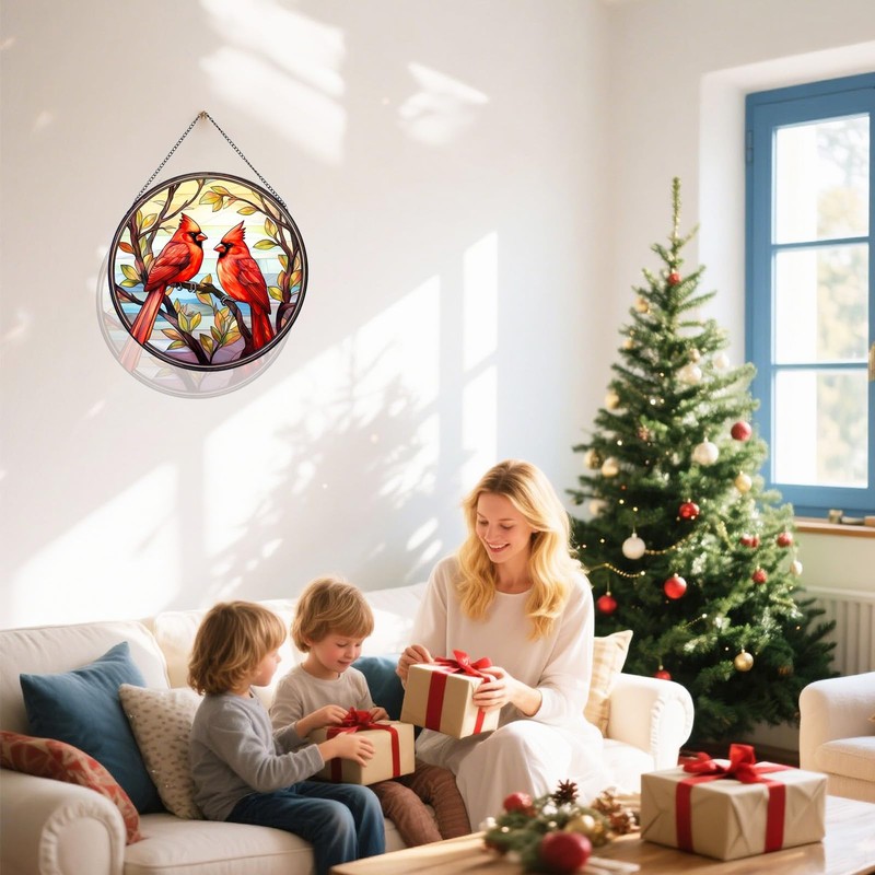 BDHRKTE Cardinal Bird Glass Window Hanger – Christmas Ornament for