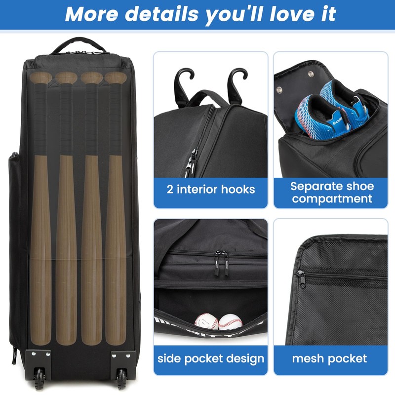 MERALIAN Rolling Baseball Catchers Gear Bag with Wheels, Large Baseball