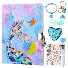 NIERBO Diario de sirena para niñas con candado y llaves,diario difuso Tie-Dye para niños con 160 páginas rayadas, cuaderno secreto esponjoso para escribir y dibujar, regalos para días escolares para niñas