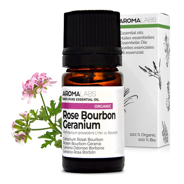 Organic Rose Bourbon Geranium Essential Oil - 5 ml - 100% Pure, Natural, Chemotypical and AB Certified - Aroma LABS (French Brand)