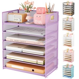 Subekyu 6 Tier Paper File Tray Organizer for Desk, Purple Mesh Desk Letter Paper File Folder Accessories Sorter Organizer with Handle, Stackable Slid Tray for Office, Home or School Supplies Storage