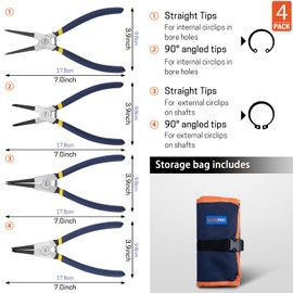 WISEPRO Snap Ring Pliers Set 7 Inch Heavy Duty External/Internal Circlip Pliers Kit with Straight/Ben Jaw for Ring Remover Retaining with Storage Pouch