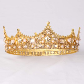 FORSEVEN King Crown for Men Crown Royal Costume Accessory Prom Tiara Baroque Vintage Crystal Pearl Bridal Wedding Tiaras Birthday Party Round Crowns (Gold)