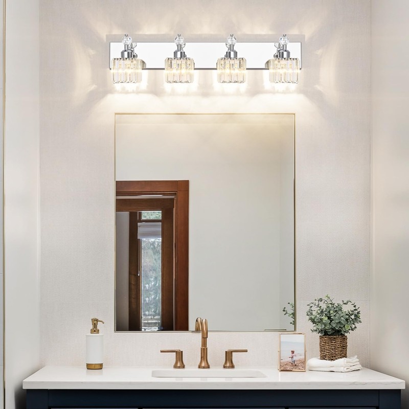 PRESDE Bathroom Vanity Light Fixtures, Modern Crystal Chrome 4 Light