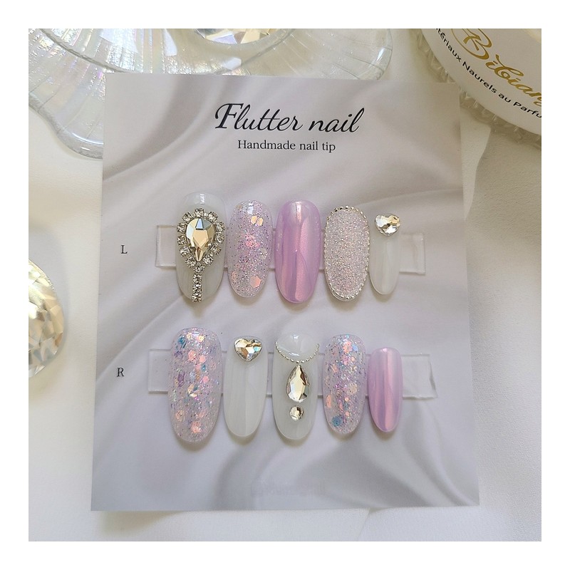 Purple Glitter & Silver Stone Handmade Nail Tips - Midi
