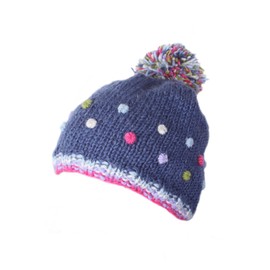Pachamama Women Wool Beanie Bobble Hat Fleece Lined Handknitted Textured Dots Multicoloured One-Size Handmade Extra Warm Fair Trade (Denim)