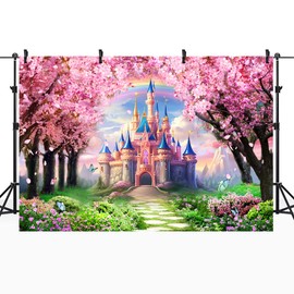 Riyidecor Princess Castle Backdrop Rainbow Pink Sakura Flowers Floral Fantasy Fairy Tale Wonderland 7Wx5H Feet Photography Background Birthday Wedding Party Photo Studio Shoot Polyester Fabric