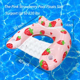 Inflatable Pool Float Chairs -Floating Pool Chair Lounge Floats for Swimming Pool Water Chair Pool Lounger with Cup Holder and Handles Pool Party Floaties for Adults (2, Pink Strawberry)