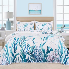 Invoibler Coastal Quilt Set King Size Beach Quilt Bedding Set 3 Piece Reversible Summer Ocean Bedspread Coverlet Soft Lightweight Microfiber Bed Cover for All Season (1 Quilt, 2 Pillow Shams)