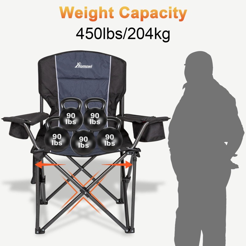 Romswi Oversized Folding Camping Chairs with Adjustable Arm Straps, 450lbs